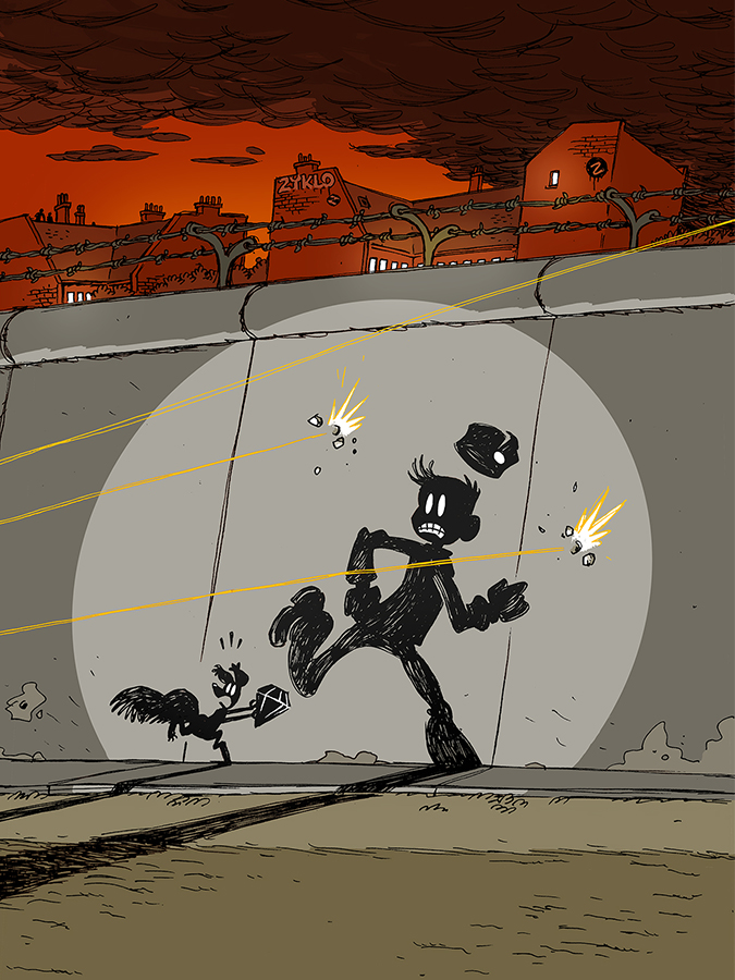 Illustration of the classic cartoon character Spirou, on the Berlin Wall