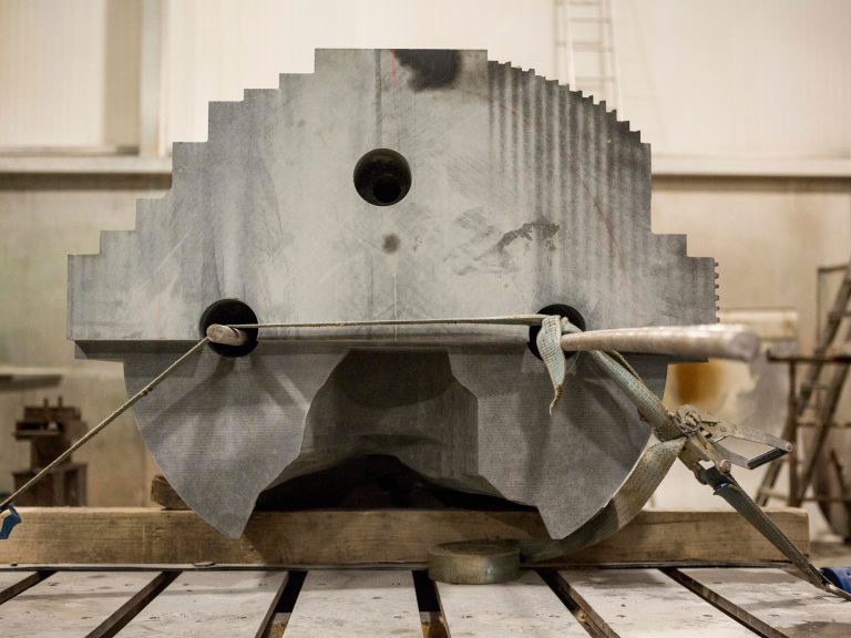 Cutting and polishing the two black granite sculpted furnaces by Roger Hiorns – at the workshops of S McConnell & Sons.