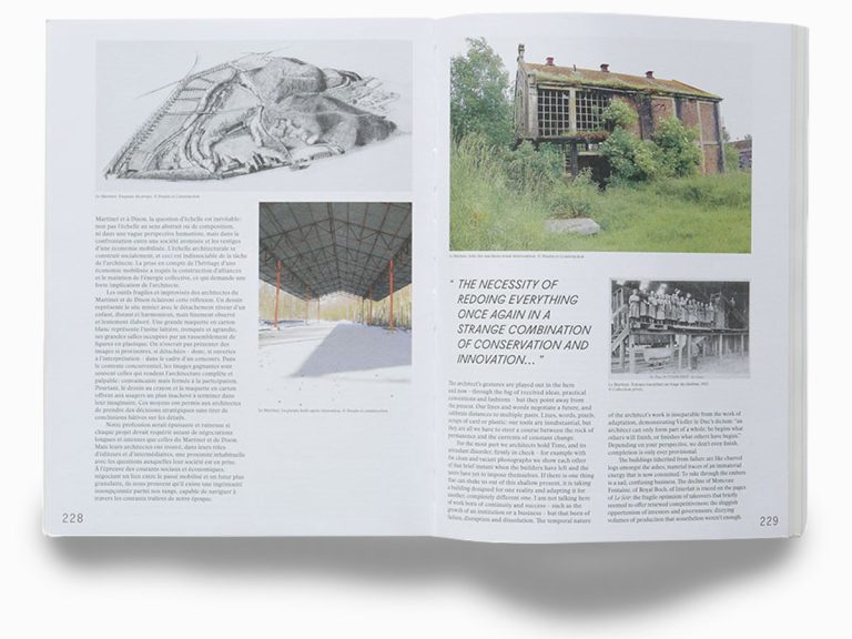 Spread of Inventaires #2, with images and an essay by William discussing two projects where the architects have negotiated the awkward legacy of large-scale industry.