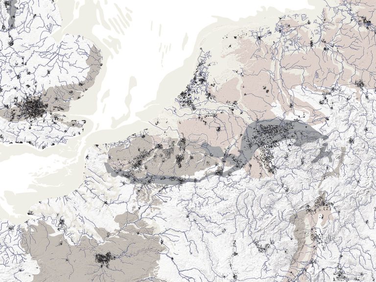 Map of North-West Europe, showing urbanisation and geology beneath