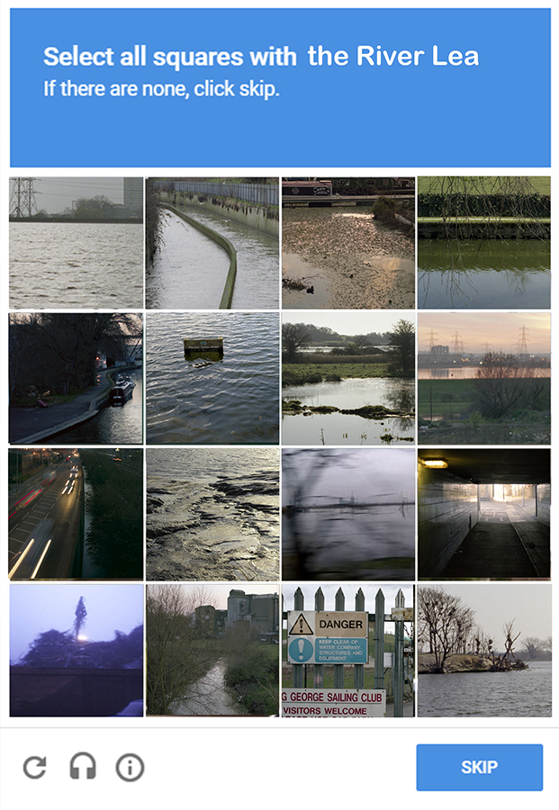 Screenshot of Recaptcha asking to select all squares with the River Lea