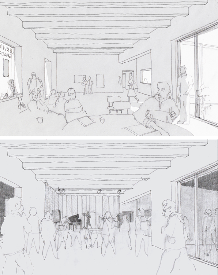 Sketches of day and night events in Jerwood Space