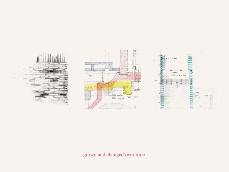 Sketches from above with text 'grown and changed over time'