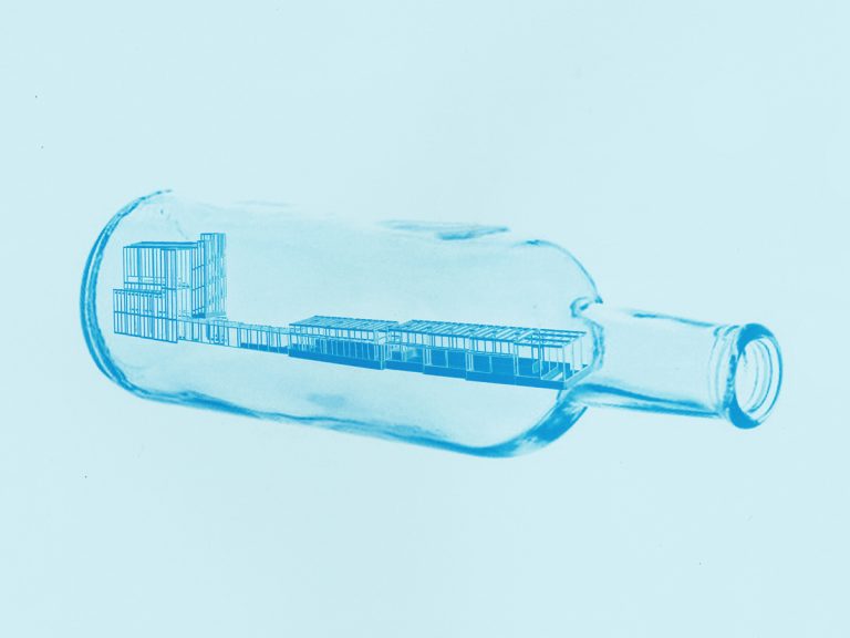 Illustration of ship under construction in a bottle