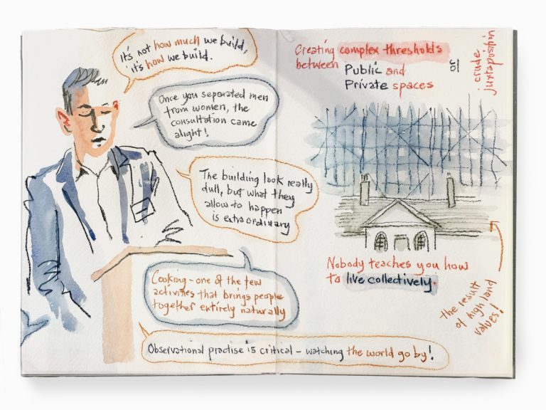 Sketch of Stephen speaking at the ‘Buildings in the Making’ symposium, drawn by Lynne Chapman