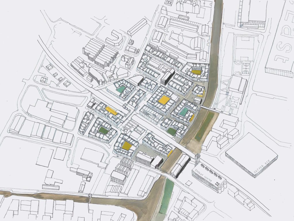 Canalside public spaces and residential gardens.
