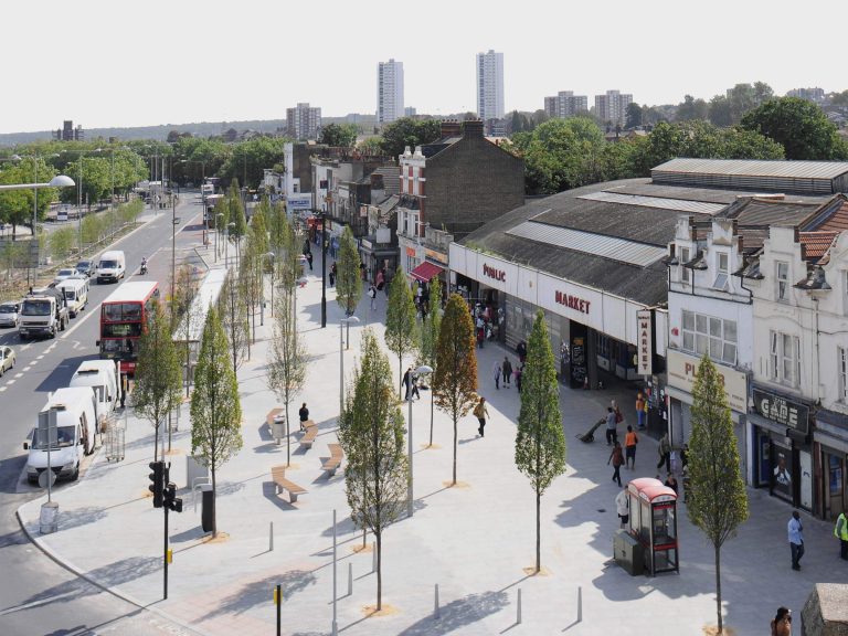 Elevated view: the new space in front of the covered market at Woolwich