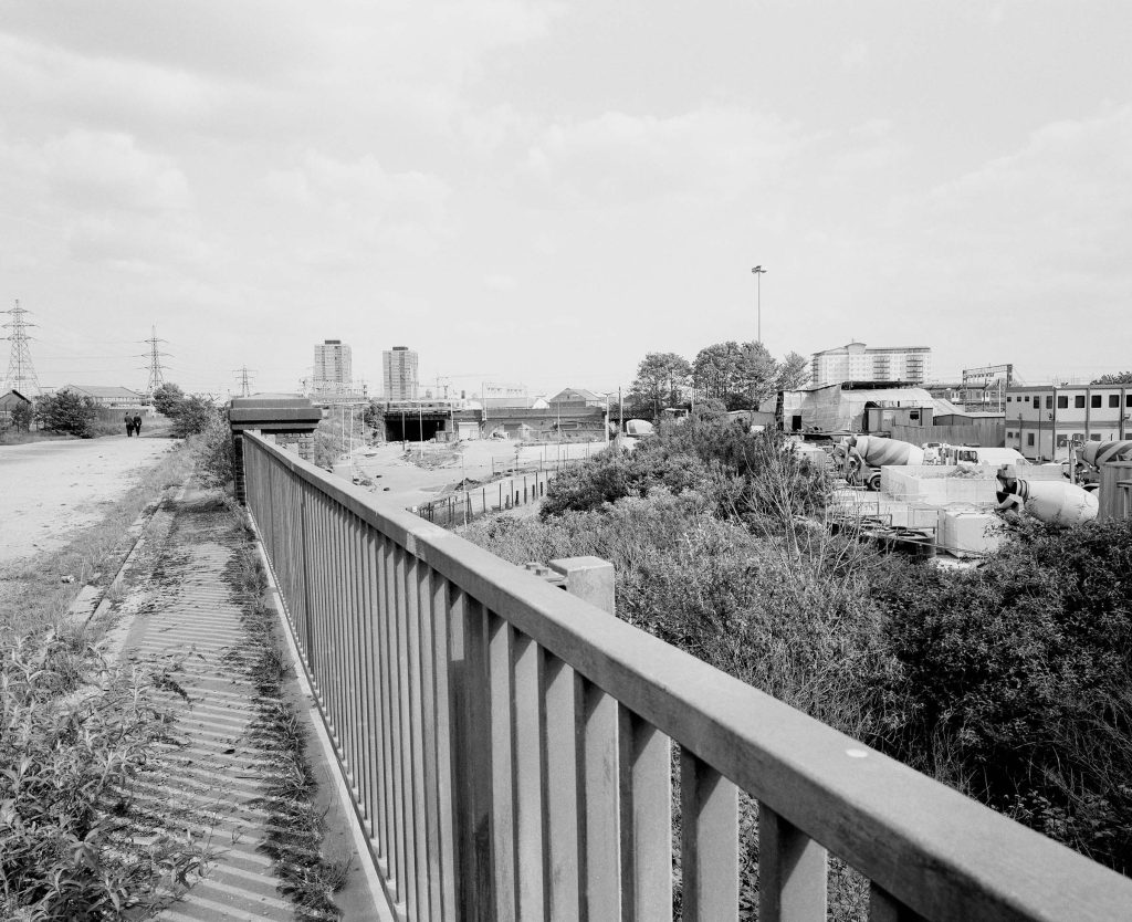 Black and white photo of East London skyline